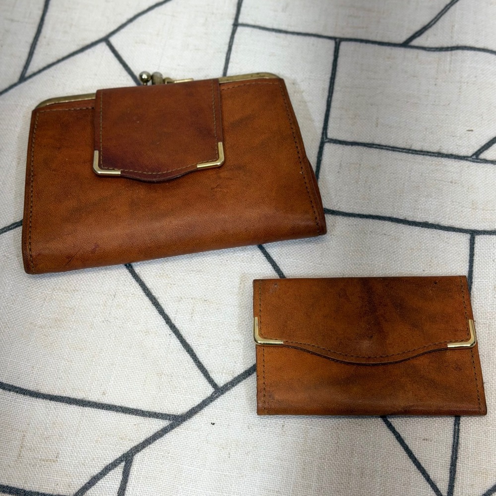 Cobbler Wallet and Key Case Set OS Brown Vintage Full Grain Leather Kiss-Lock